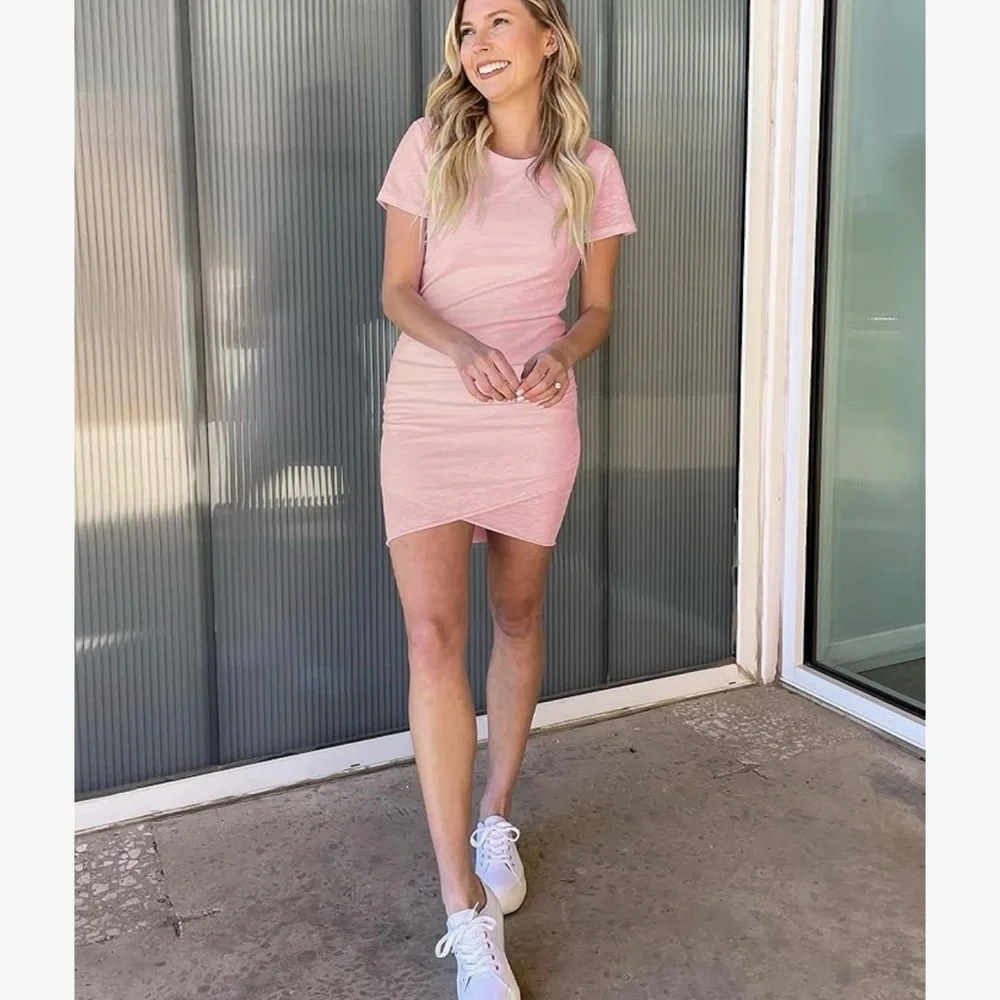 Blush Pink Ruched Bodycon Mini Dress Tulip Hem Short Sleeve Stretch - Picture 1 of 4